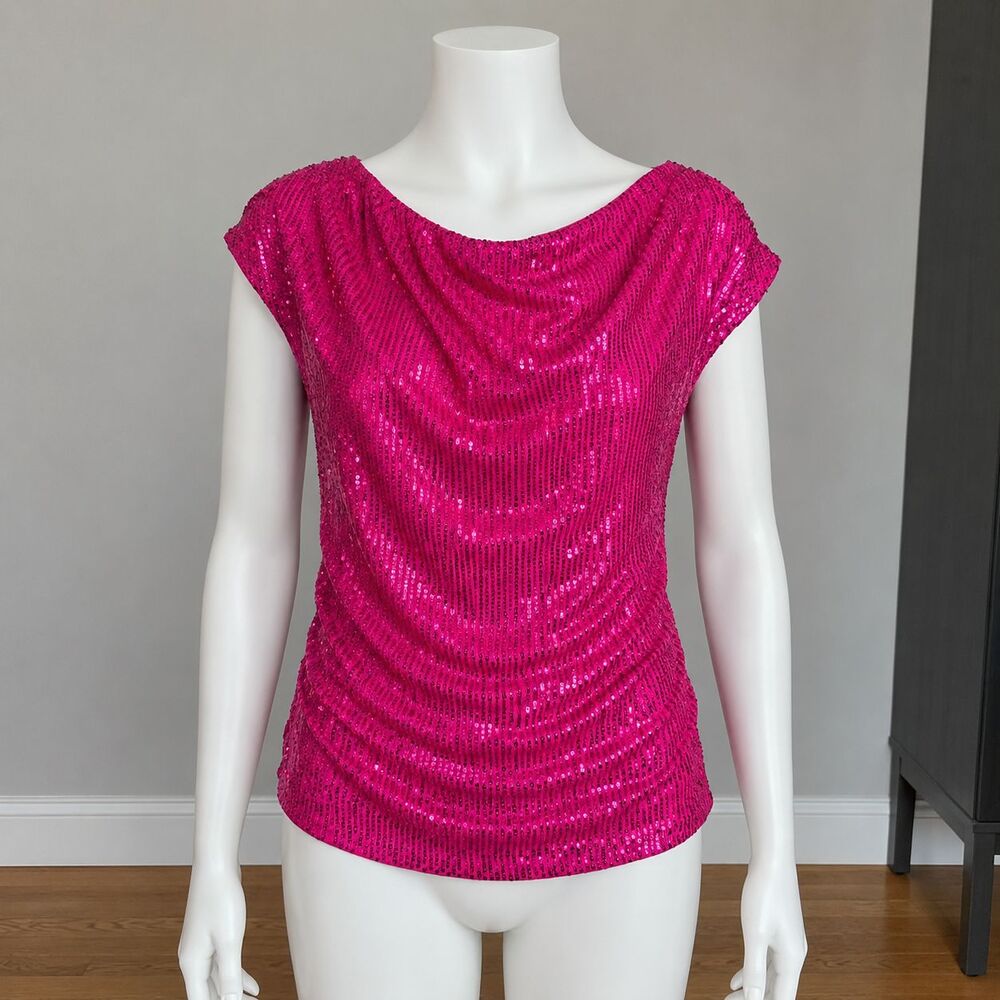 GRACE KARIN Hot Pink Sequin Top L Ruched Cowl Neck Sparkly Blouse Party Night Ou